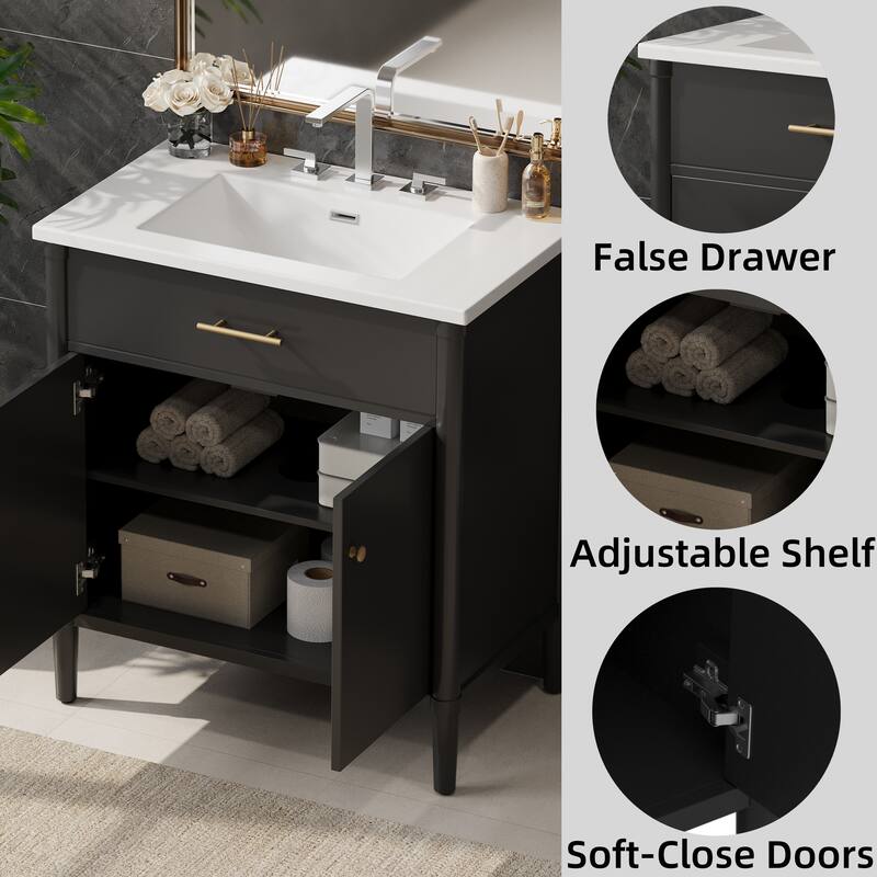 Bathroom Vanity with Ceramic Sink, Wooden Bathroom Storage Cabinet, Bathroom Cabinet with Soft Close Doors & Adjustable Shelf