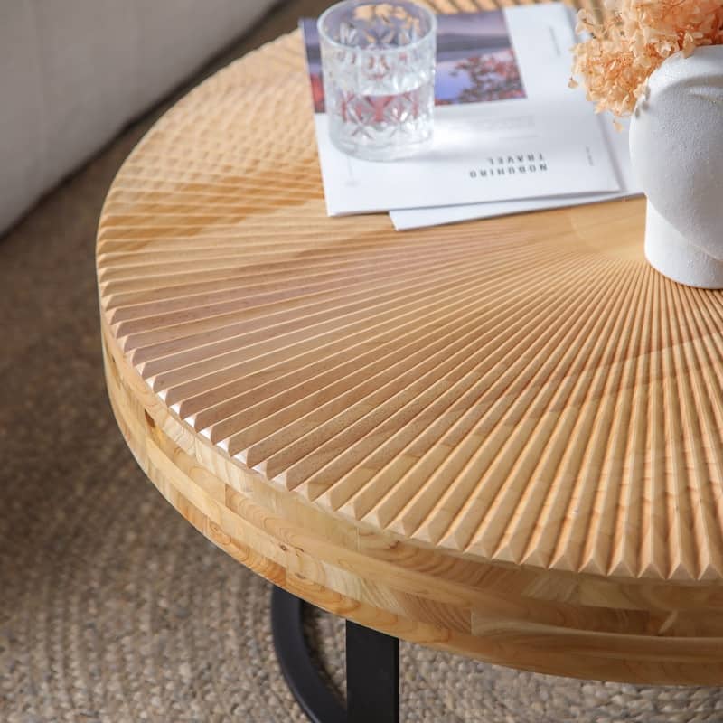 Modern Round Coffee Table with Carved Wood Top and Metal Legs