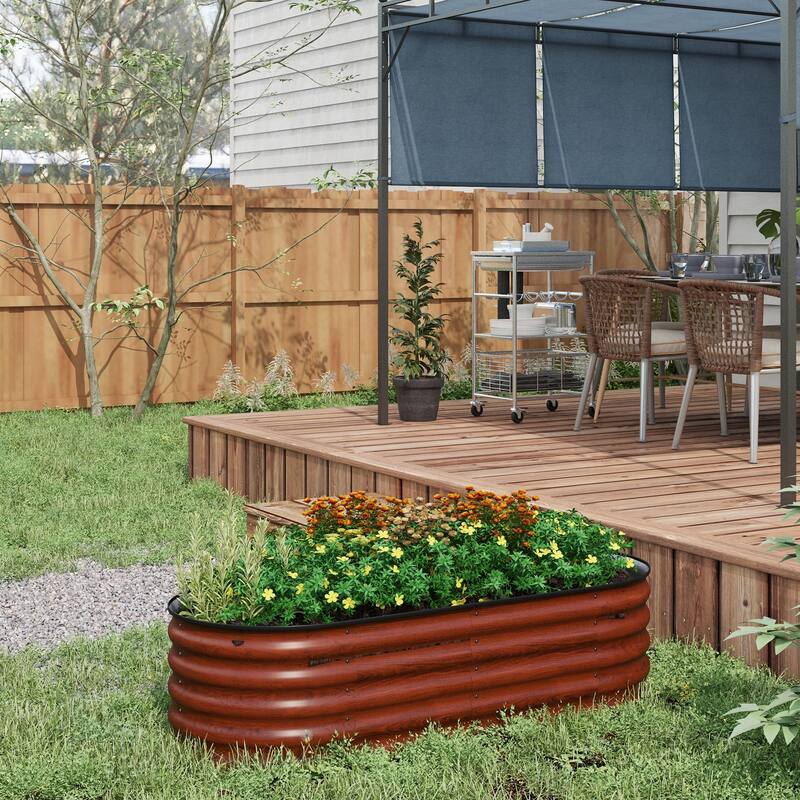 Galvanized Raised Garden Bed Outdoor Metal Elevated Planter Box with Safety Edging and DIY Stock Tank for Growing Flowers - Brown
