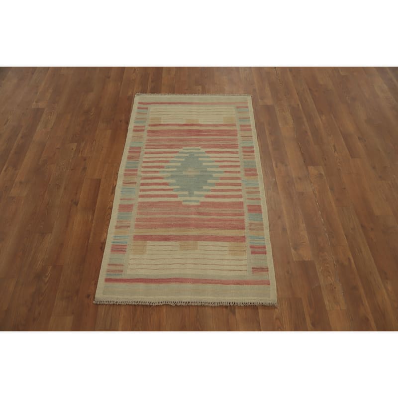 Hand Woven Oriental 100% Wool Carpet Southwestern Tribal Pink Kilim Area Rug - 4' 1'' X 2' 3''