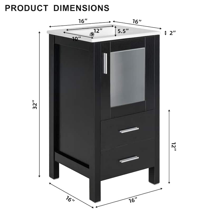 16" Bathroom Vanity Combo with Drop in Ceramic Sink Small Vanity Cabinet Set with 1 Door & 2 Drawers