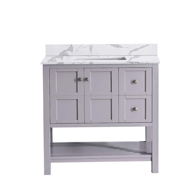 BATHLET Grey 36 inches Bathroom Vanity with Marble Top and Open Shelf