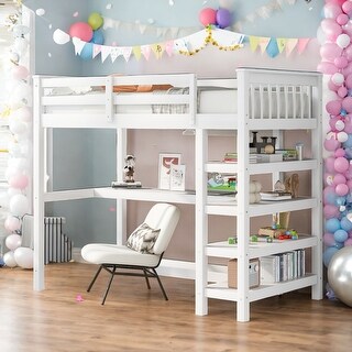 Twin Size Loft Bed with Storage Shelves and Under-bed Desk,With A Desk And Shelves Underneath,With Workstation,White