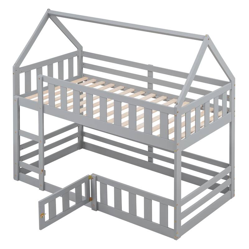 Roomfitters Twin over Twin House Bunk Bed with Fence and Door Design, Gray