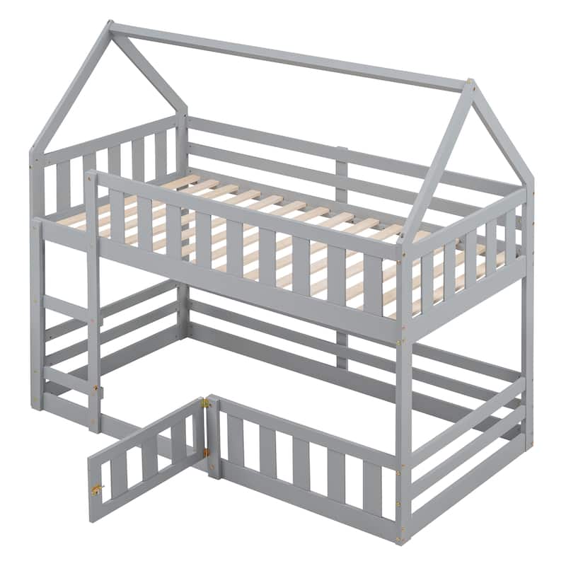 Solid Wood Twin House Bunk Bed with Fence