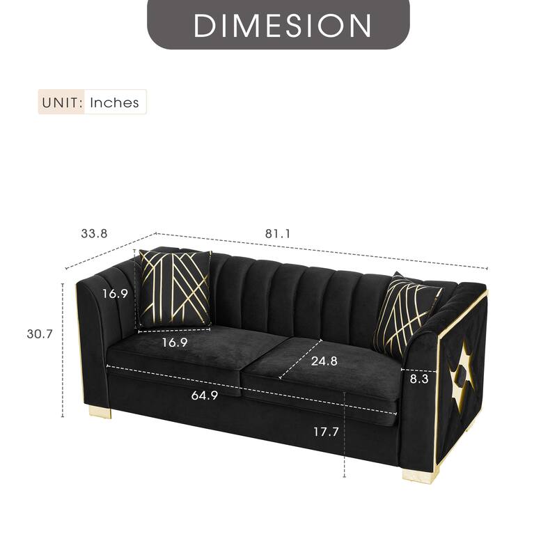 Velvet Chesterfield 3 Seater Sofa, Button Tufted Upholstered Sofa, Lounge Sofa with Stainless Steel Accents & Metal Legs