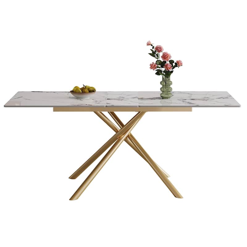 59-inch Modern Round Expandable Dining Table, Burnt Stone Top & Golden Carbon Steel X-Base, Sturdy 4-6 Person Table