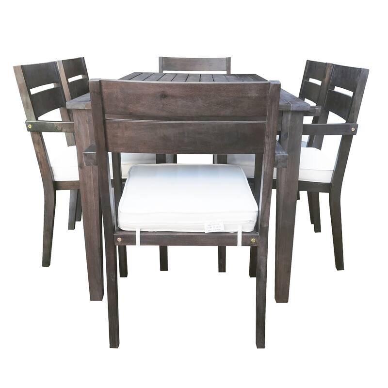 7 Piece Acacia Wood Outdoor Dining Table Set, All-Weather Patio Conversation Set with 6 Removable Cushion Chairs
