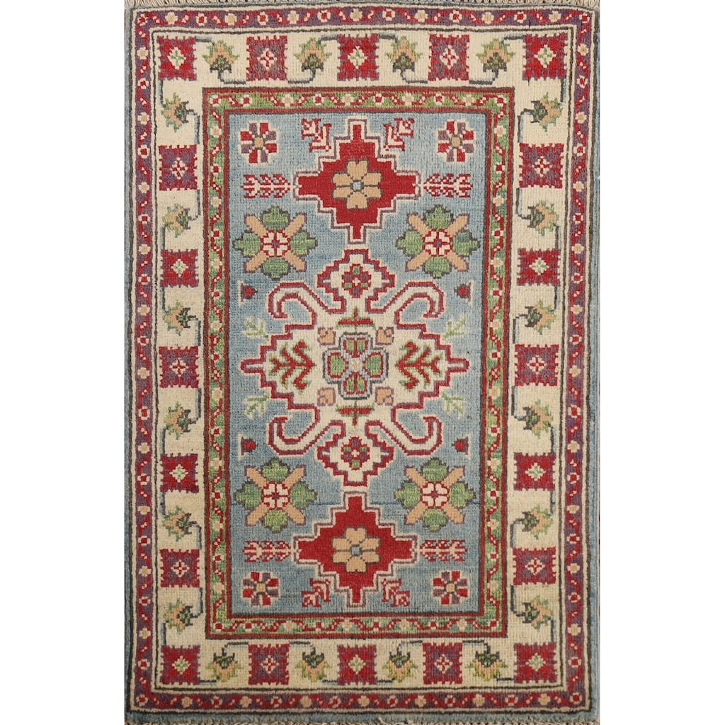Geometric Blue Kazak Oriental Foyer Rug Handmade Wool Carpet - 2'0" x 3'0"
