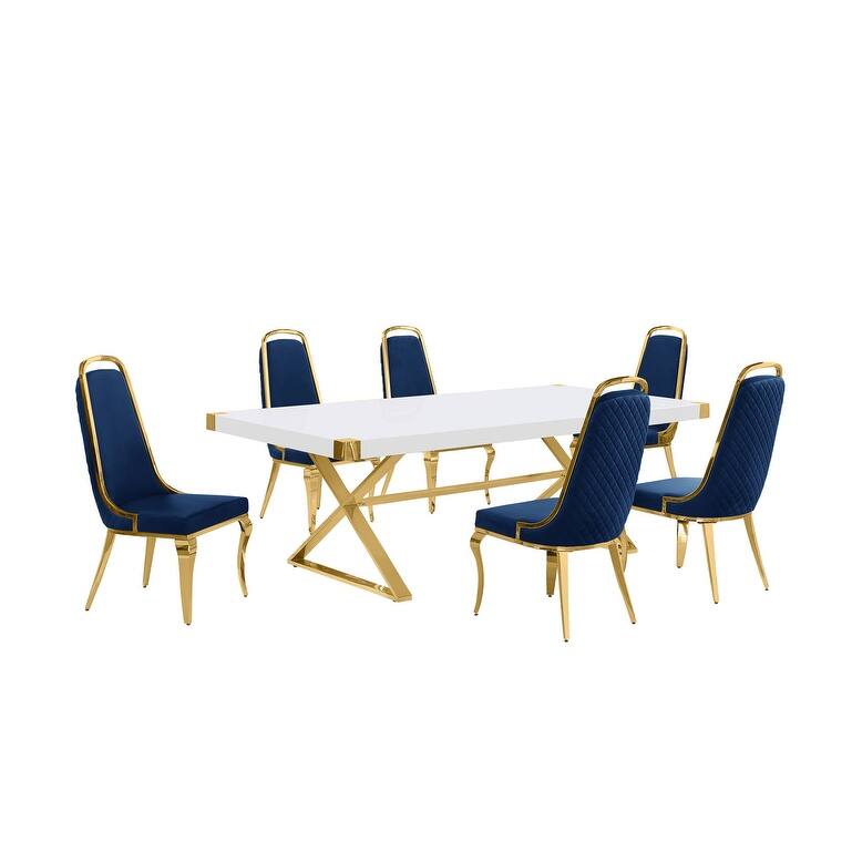 Best Quality Furniture D442/3-SC310-7 Dining Set with 94" White Lacquer Wood Top