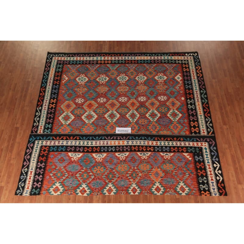 Reversible Orange Kilim Oriental Area Rug Flatweave Wool Carpet - 10'1" x 12'9"