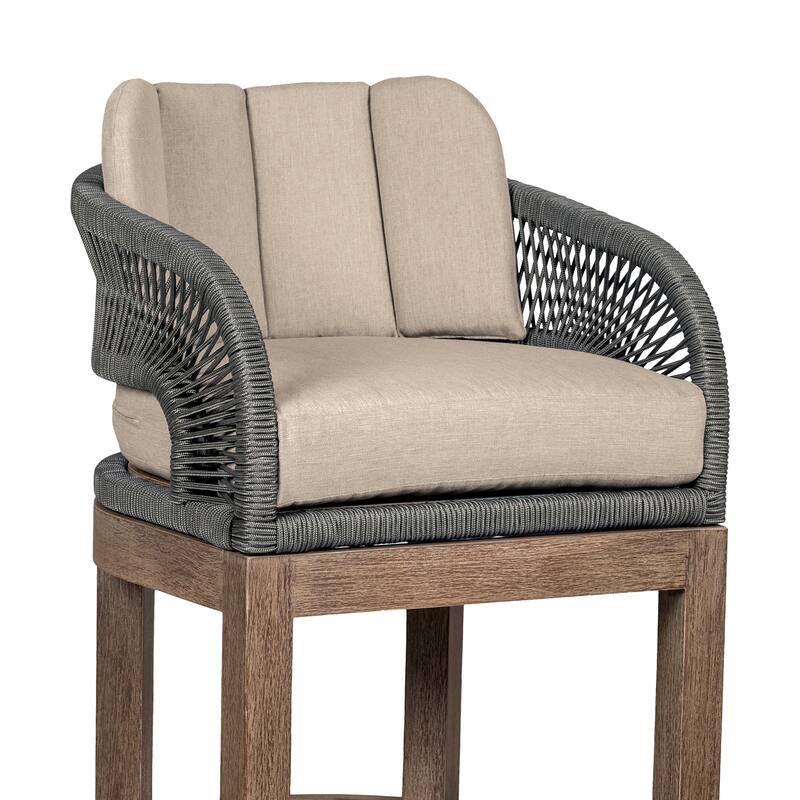 Orbit Boho Gray Rope and Solid Eucalyptus Wood Outdoor Bar Stool with Taupe Olefin Cushions