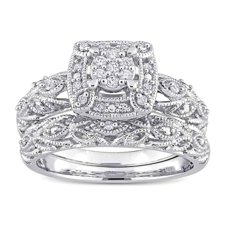 Miadora Sterling Silver 1/5ct TDW Diamond Vintage Composite Halo Bridal Ring Set