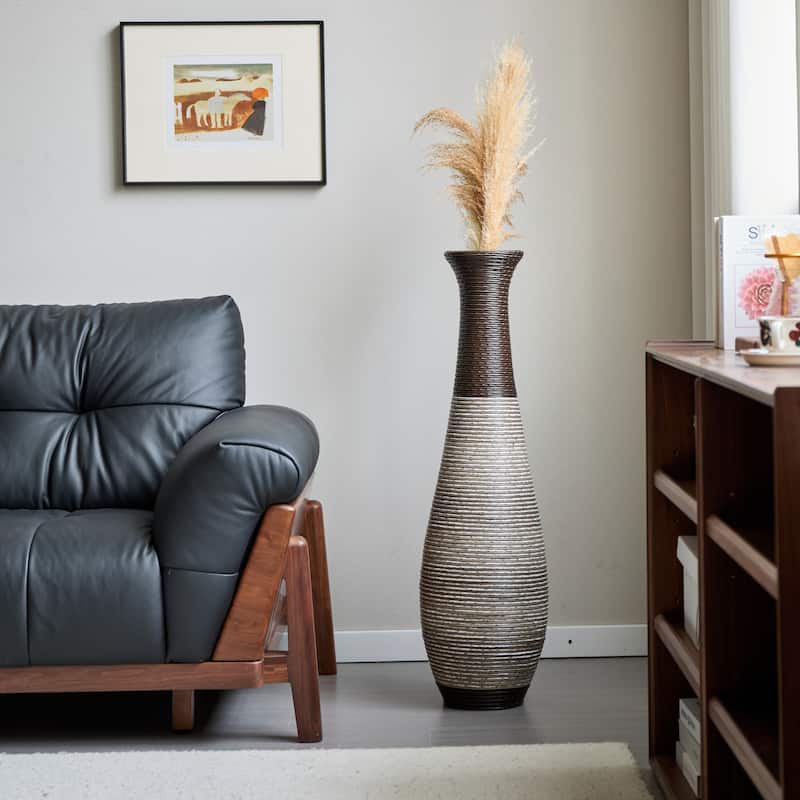 39" Tall Standing Designer Floor Vase - Durable Artificial Rattan - Stylish Home Decor Statement Piece - Black+ Gray