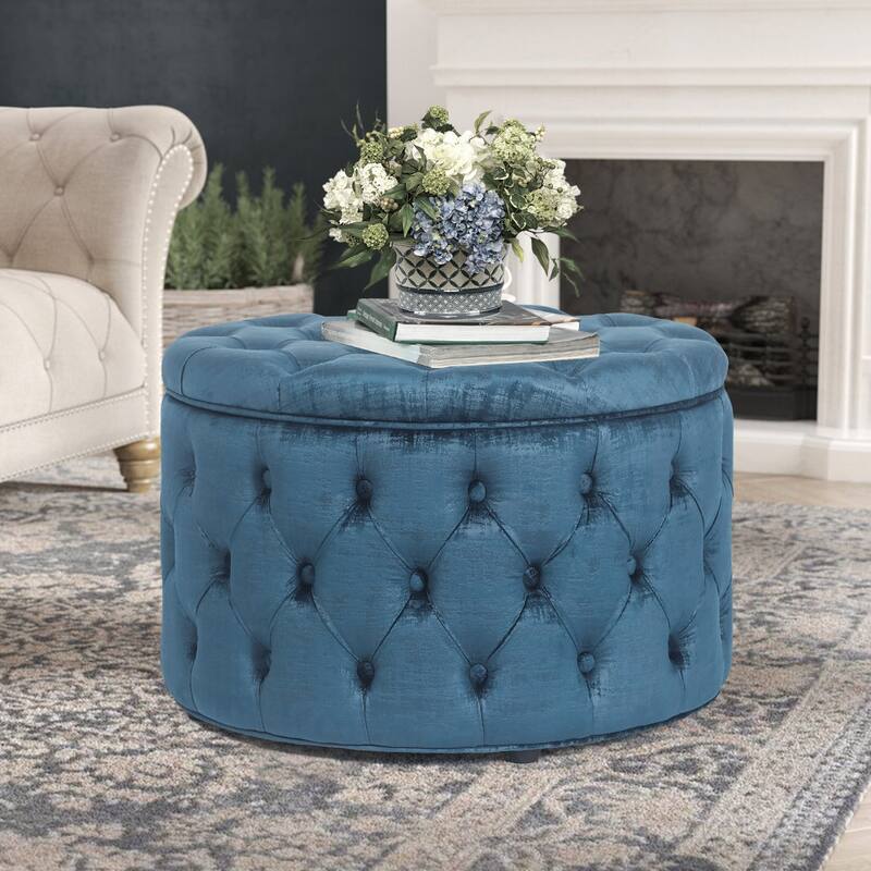 Adeco Round Storage Ottoman Button Tufted Footrest Stool Bench - DarkRoyalBlue