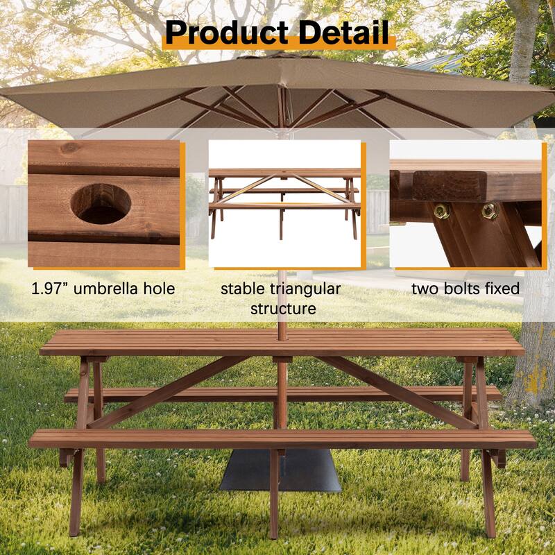 8 Person Wooden Picnic Table - Outdoor Camping Dining Table with 2 Built-in Benches, DIY, 2220 lb Capacity
