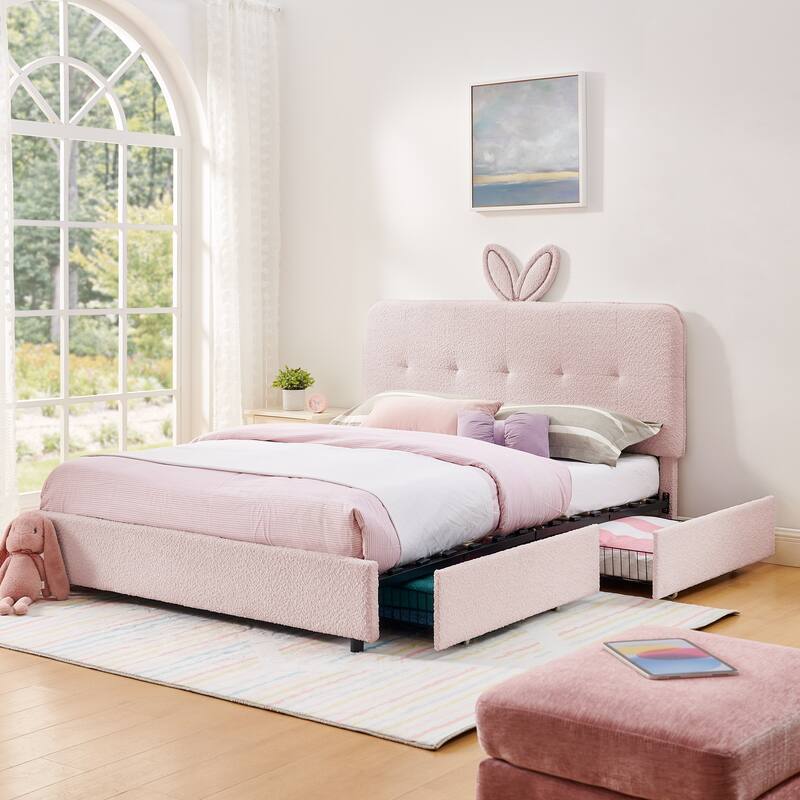Queen Size Boucle Upholstered Bed with Rabbit Ear Headboard, LED Music Sync & 4 Drawers