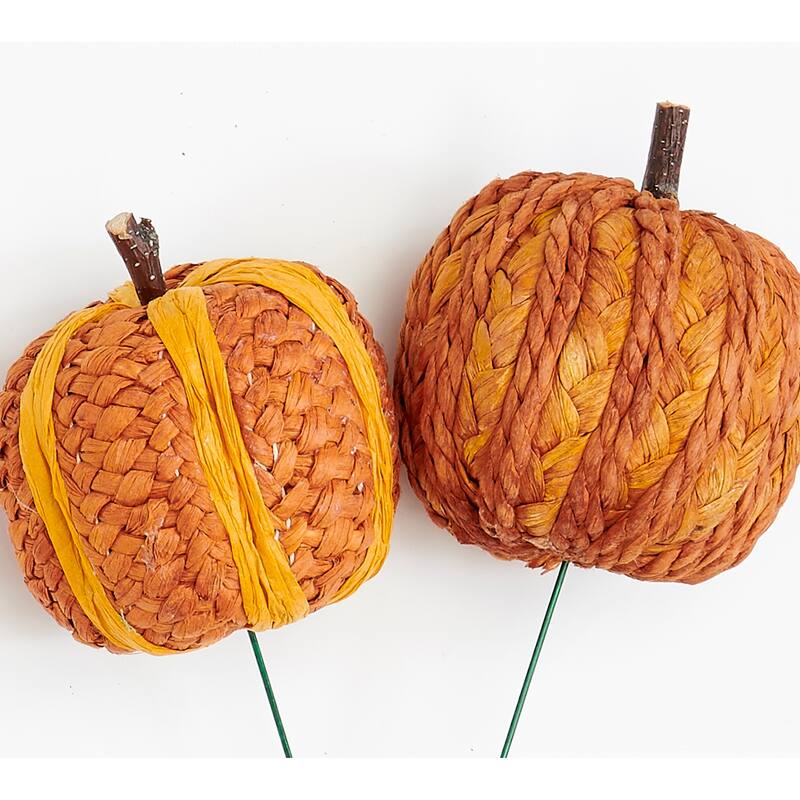 3" Artificial Fall Raffia Pumpkin on 6.5" Pick, Set of 6 - 3