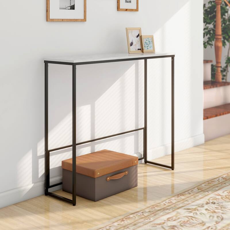 Maypex White Quartz Stone Narrow Console Table with Black Base - White Table Top + Black Metal Base