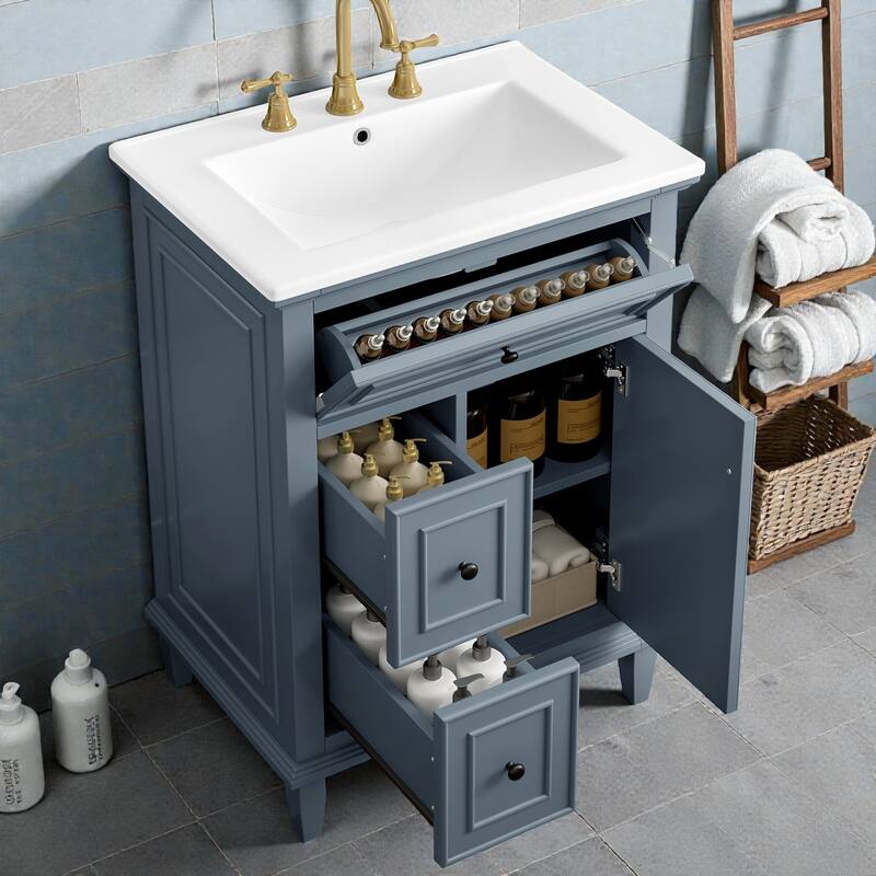 24" Bathroom Vanity with Sink, Flip Drawer & 2 Drawers, Solid Wood Frame, Adjustable Shelf, Ceramic Top