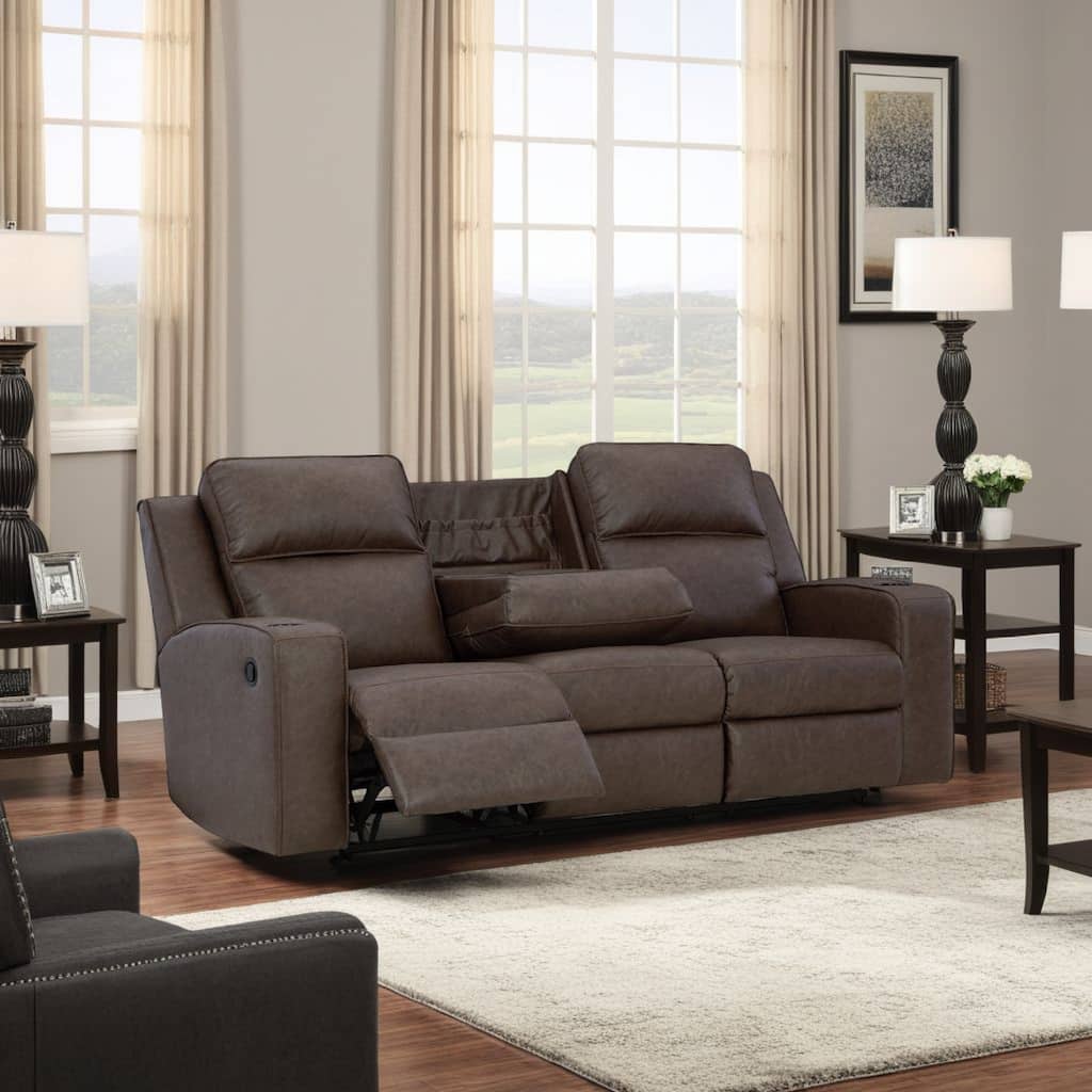 Livie Manual Recliner Sofa, USB, Table 87in Brown Gray Faux Leather