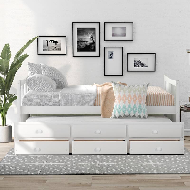 Minimalist Wooden Daybed with a Trundle and Three Underbed Drawers