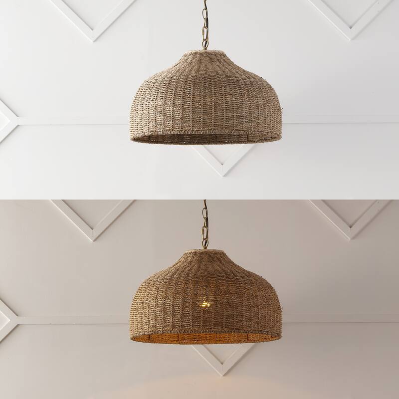 Lacey 20" 1-Light Coastal Bohemian Rattan/Iron Dome LED Pendant, Brown/Brass Gold by JONATHAN Y