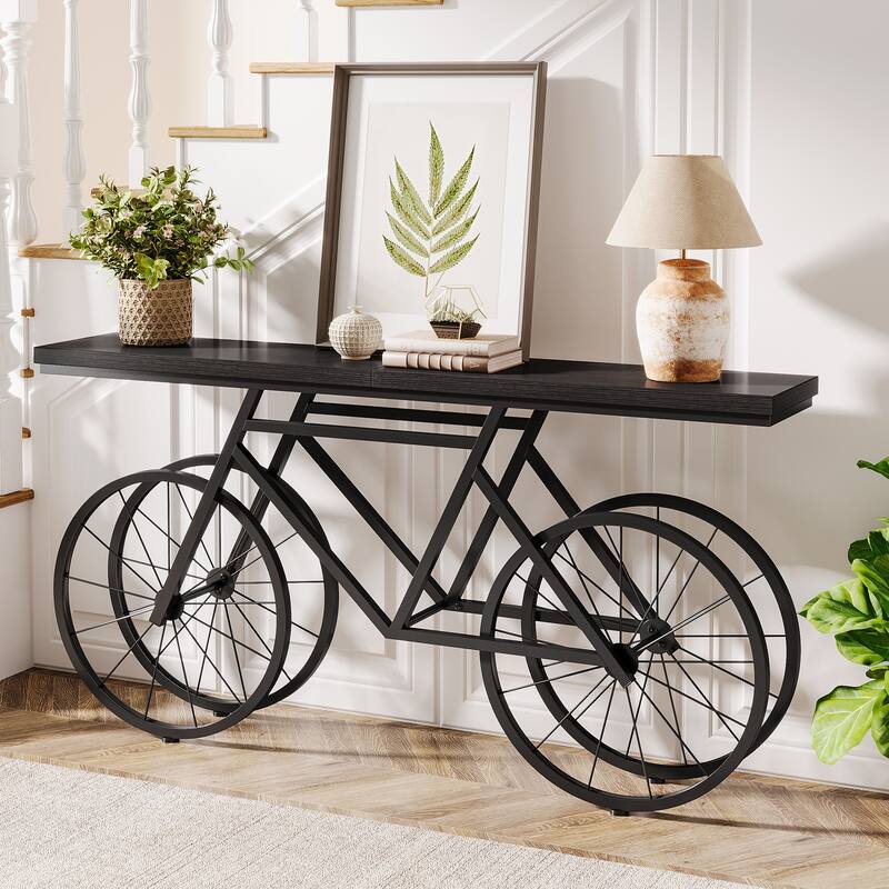 70.9-Inch Long Narrow Console Table with Metal Bicycle Base - Brown - 70.87" L x 11.81" W x 33.46" H