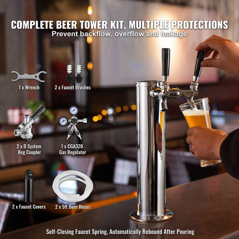 Kegerator Tower Kit, Beer Conversion Kit, Stainless Steel Keg Beer Tower Dispenser with Dual Gauge CGA320 Regulator