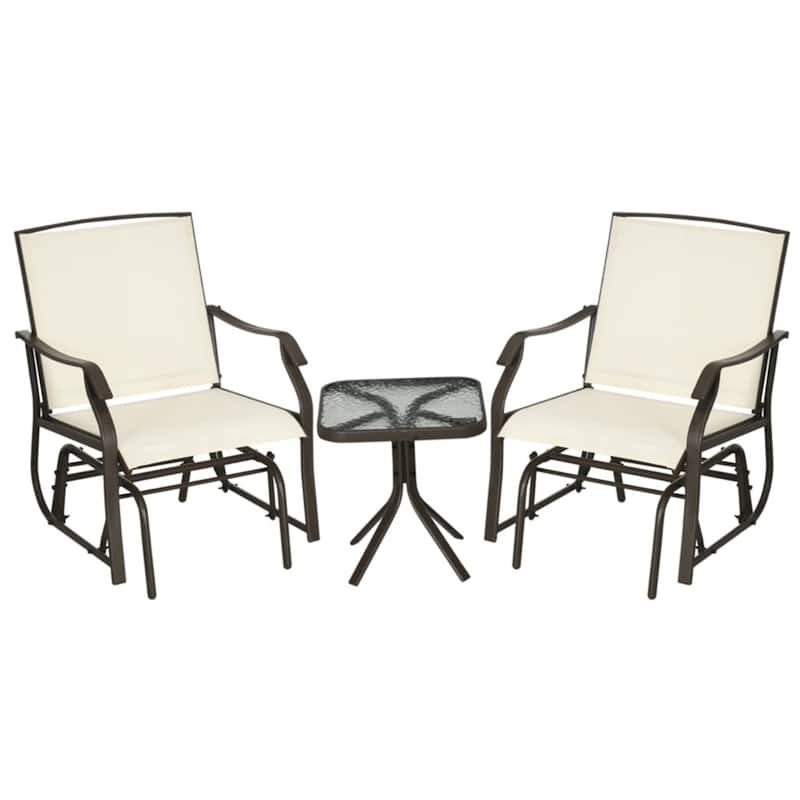 3 Piece Outdoor Glider Chair Set with Tempered Glass Table Powder Coated Steel Frame Breathable Mesh Seating - Brown