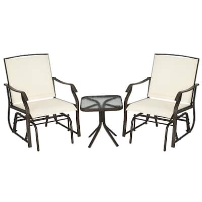 3 Piece Outdoor Glider Chair Set with Tempered Glass Table Powder Coated Steel Frame Breathable Mesh Seating