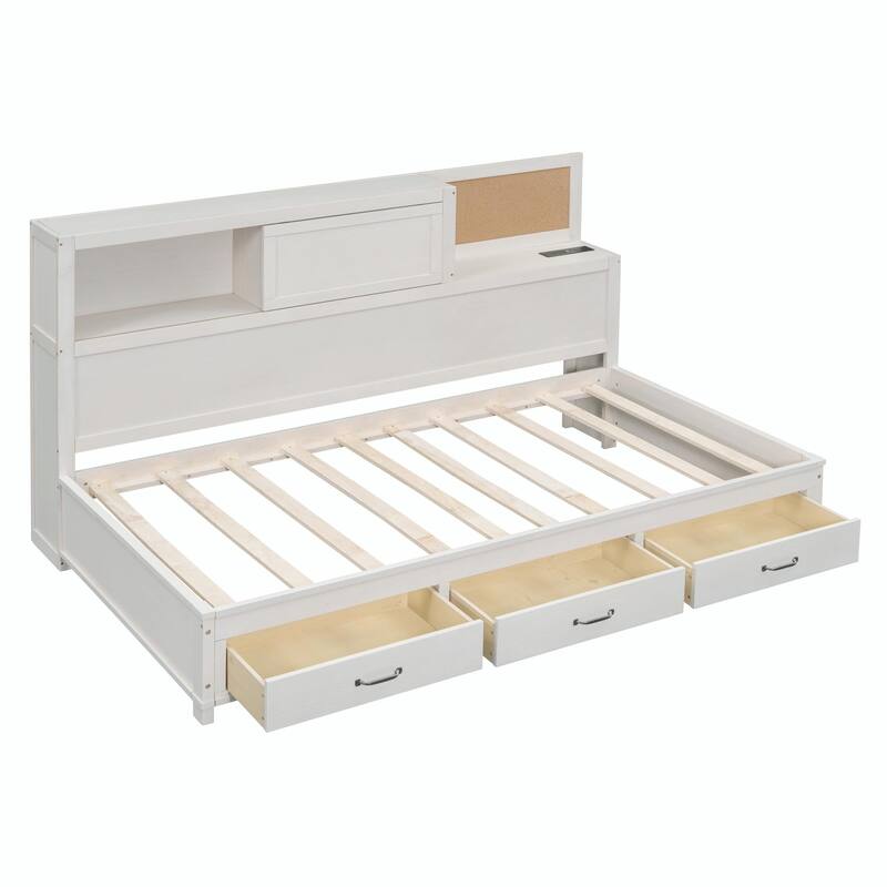 Wooden Daybed with Storage Drawers, Soft Board, Shelf, Sockets, USB Ports