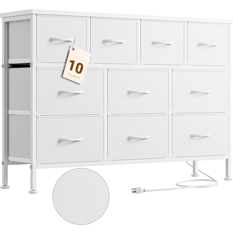 10 Drawer Dresser Fabric 43.3" TV Stand Power Outlet Chest of Drawers