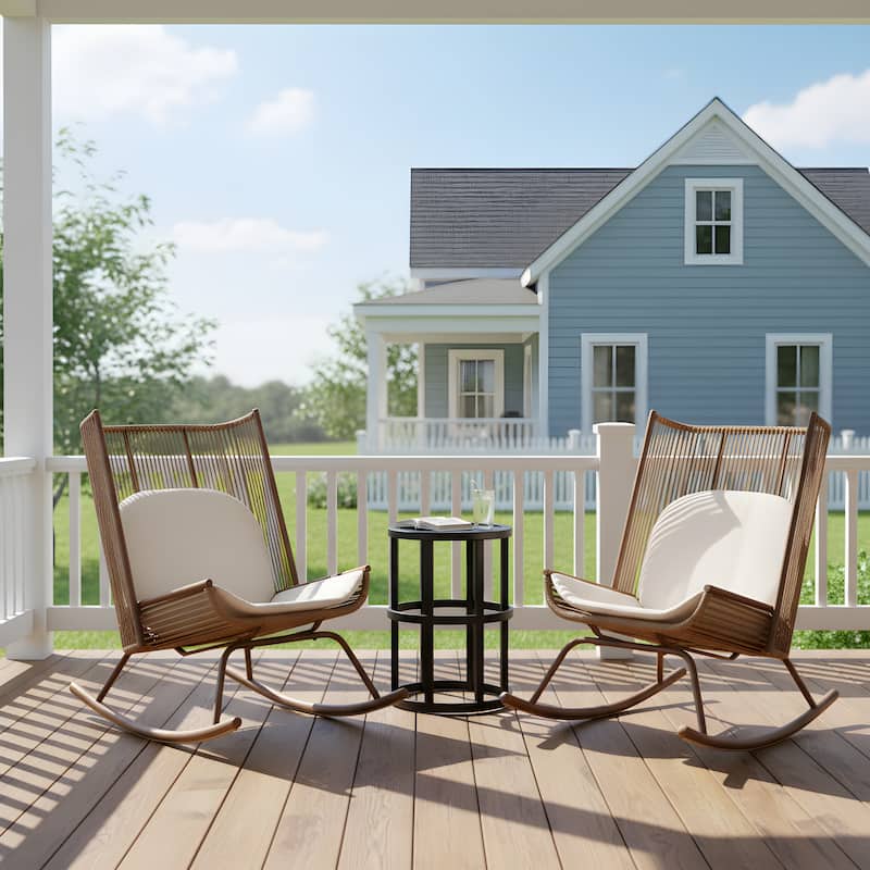 Christopher Knight Home - Siena High Arc Back Outdoor Rocking Chair Set with Cushions and Ceramic Tile Side Table - Brown+Black - 3-Piece Set