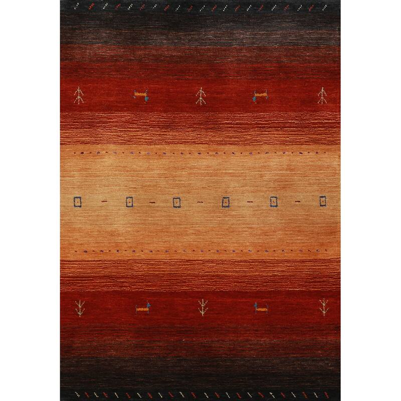 Hand Knotted Oriental 100% Wool Carpet Tribal Stripe Oranges & Rust Gabbeh Area Rug - 4' 10'' X 3' 1''