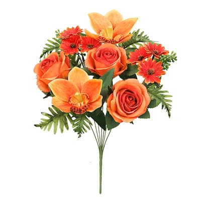 Set of 2 Orange Artificial Mixed Rose Cymbidium Orchid Daisy Flower Stem Bush Bouquet 16in - 16" L x 9" W x 9" DP