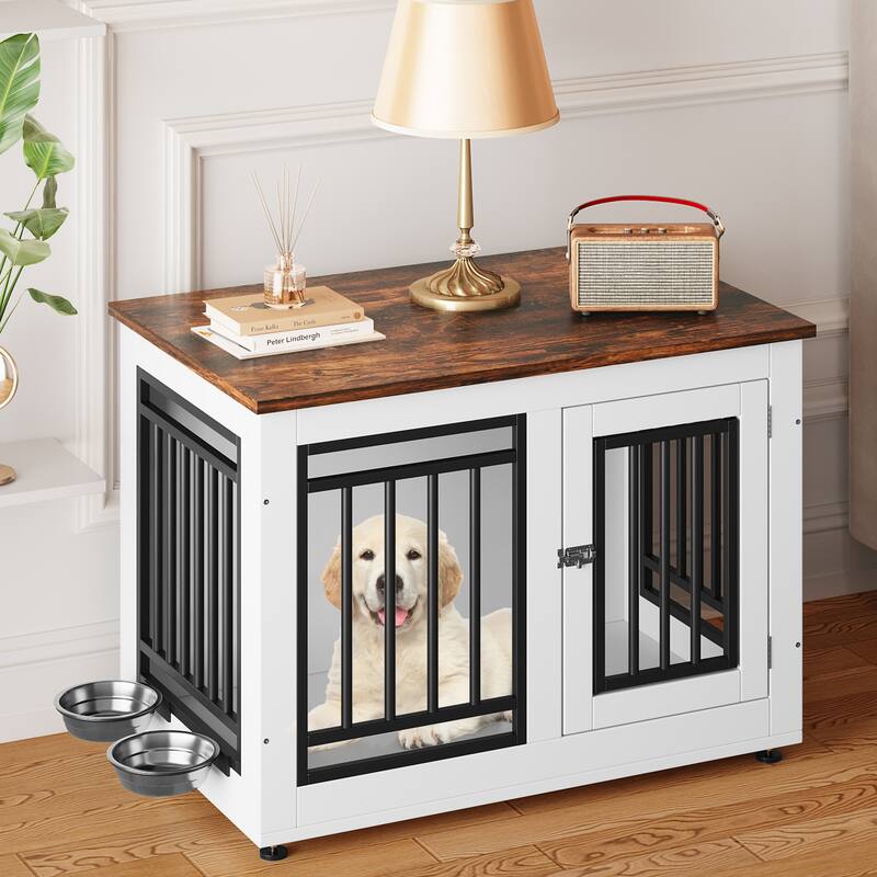 Moasis Dog Crate Furniture, End Table with Feeding Bowls - Small