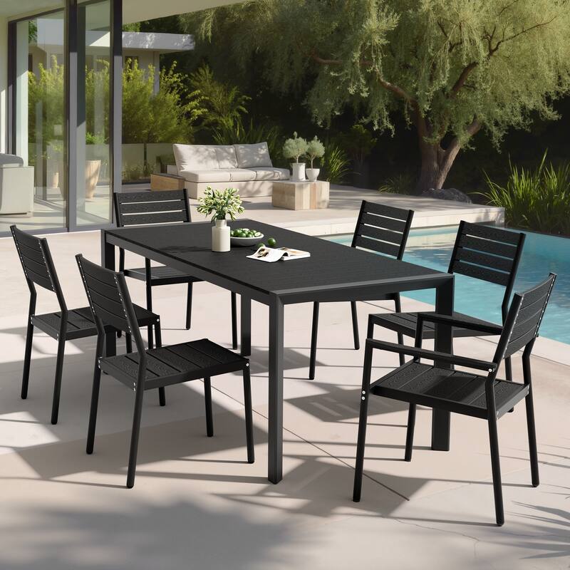 Set of 7 Outdoor Patio Dining Set WoodLike Table Top Aluminum Rectangular Umbrella Hole Table with Stackable Chairs Set - Black