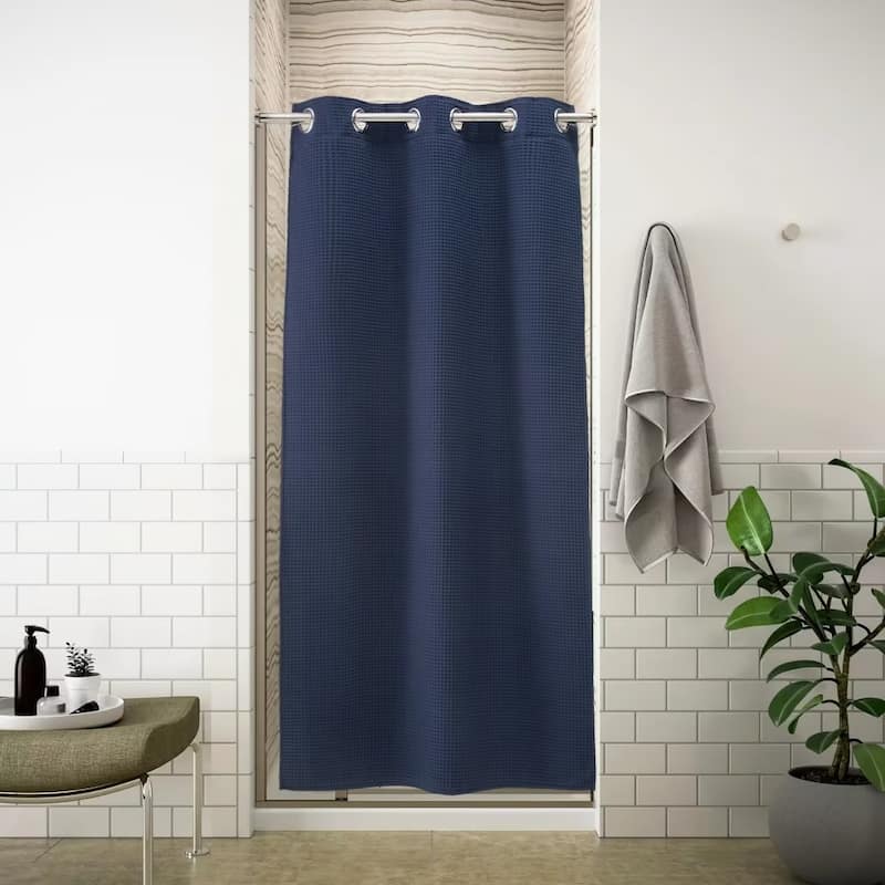 No Hook Cotton Blend Waffle Shower Curtain with Snap-in Liner
