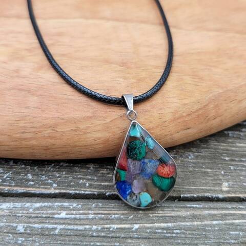 Rainbow Gemstone captured in Resin Teardrop Pendant Necklace