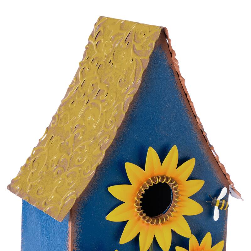 Glitzhome 52.5''H Blue Green Metal Sunflower Decorative Garden Birdhouse with Stake
