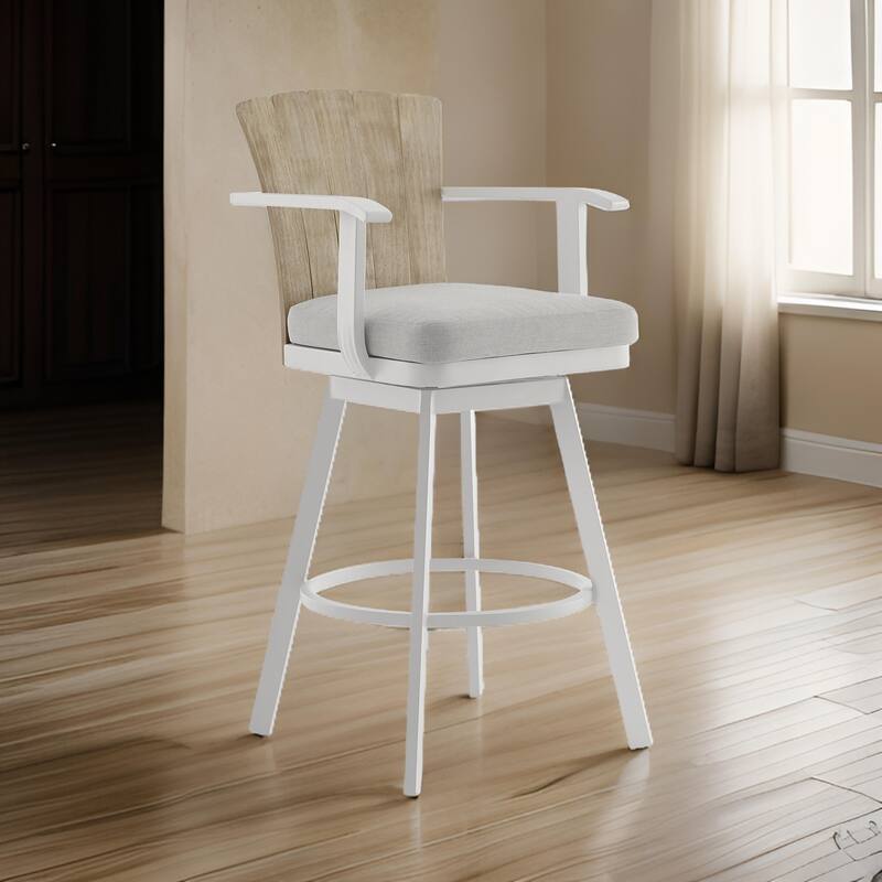 Luna 26 Inch Outdoor Swivel Counter Stool Chair, Rustic Teak Wood, White