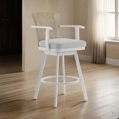 Luna 26 Inch Outdoor Swivel Counter Stool Chair, Rustic Teak Wood, White