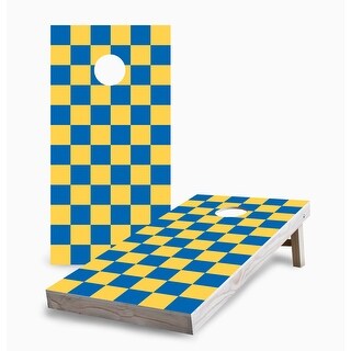 Royal and Yellow Checkered Corn Hole Board Set with Hole Lights