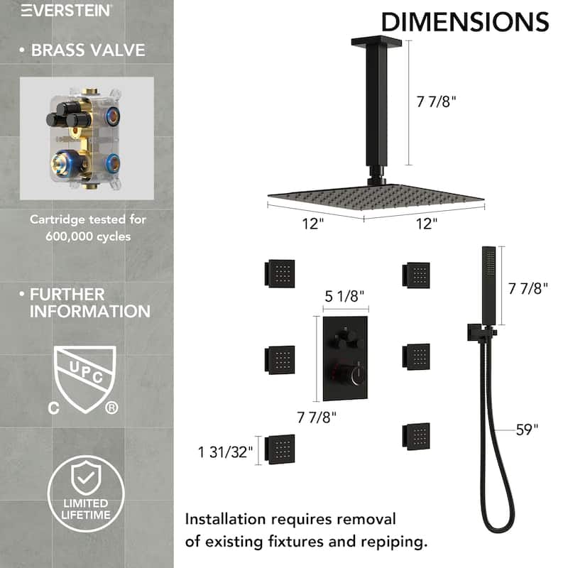 Shower System 12" Ceiling Rain Shower Head with 3-Way Thermostatic Faucet & Body Jets