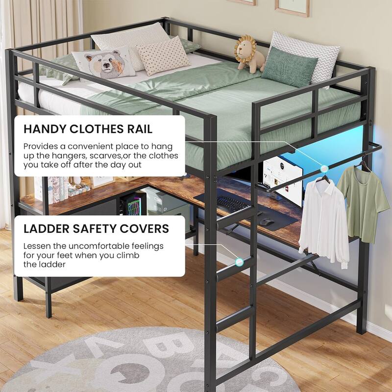 Loft Bed with L-Shaped Desk Charging Station Metal LED Lights 3 Fabric Drawers