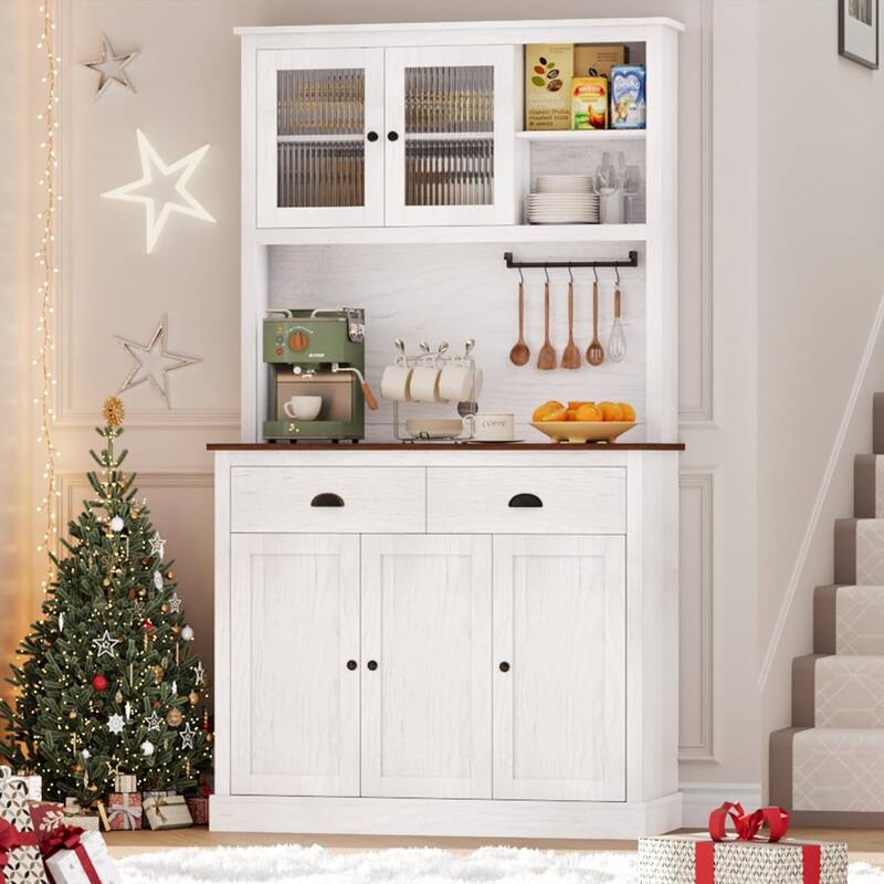 71" High Pantry with Drawers and Adjustable Shelves, with Microwave Support, Gray - White