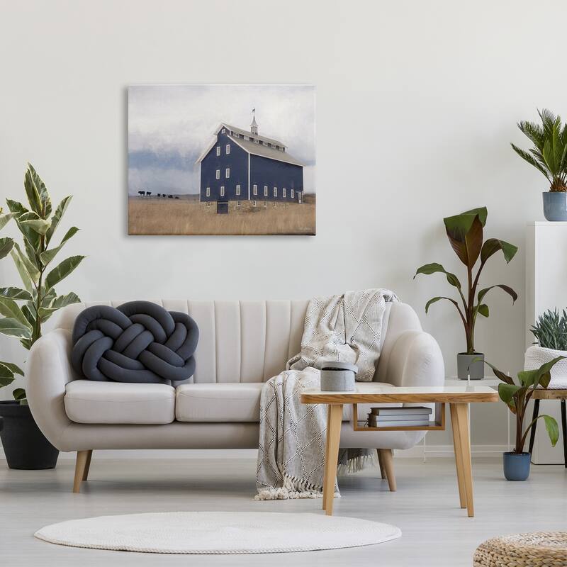 Stupell Blue Farm Barn Landscape Animals Grazing Cloudy Sky Canvas Wall Art