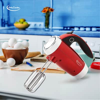 Red metallic 7-speed power up hand mixer with stand