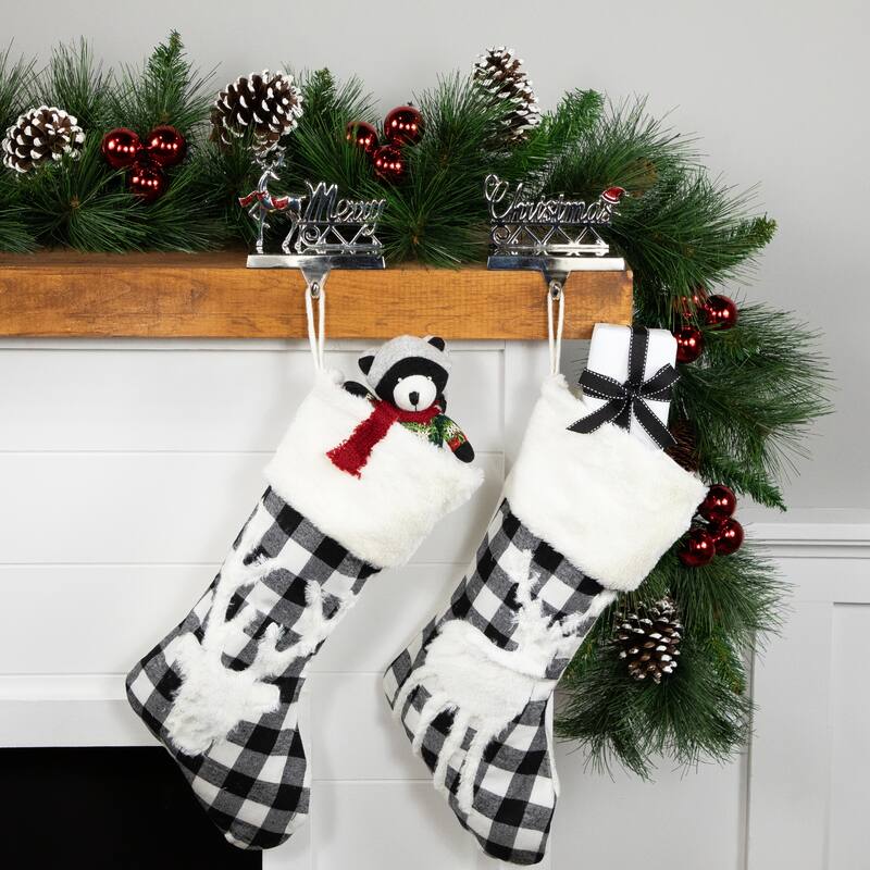 Set of 2 Silver Reindeer Merry Christmas Metal Stocking Holders 5.5"